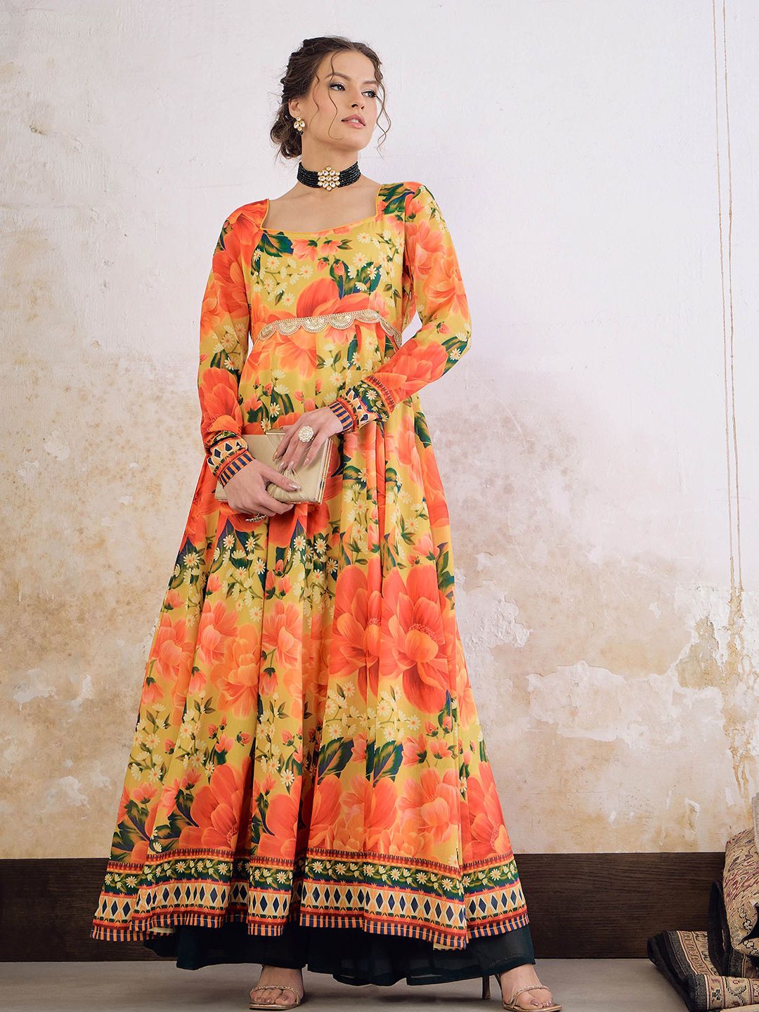 Floral Printed Square Neck Empire Sequinned Anarkali Kurta