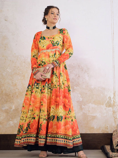 Floral Printed Square Neck Empire Sequinned Anarkali Kurta