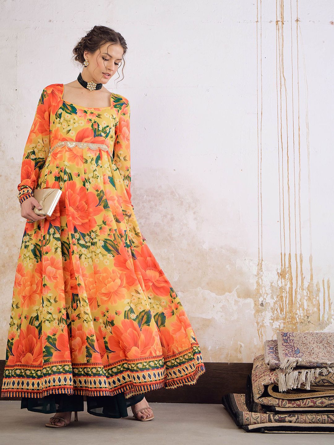 Floral Printed Square Neck Empire Sequinned Anarkali Kurta