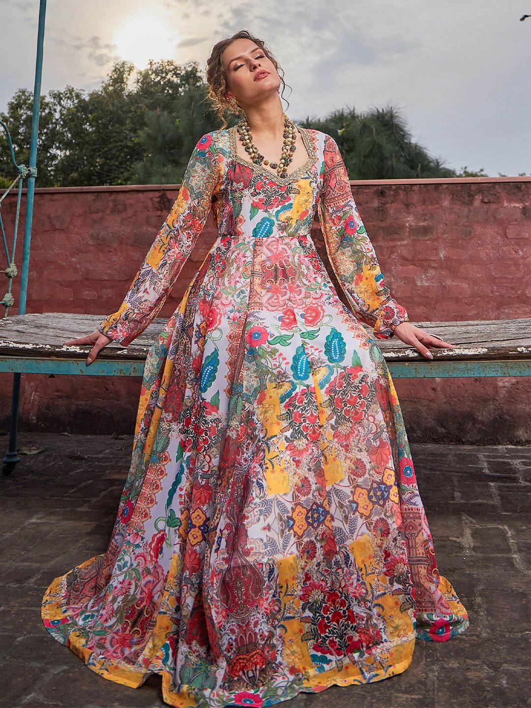 Floral Printed Sweetheart Neck Empire Georgette Anarkali Kurta
