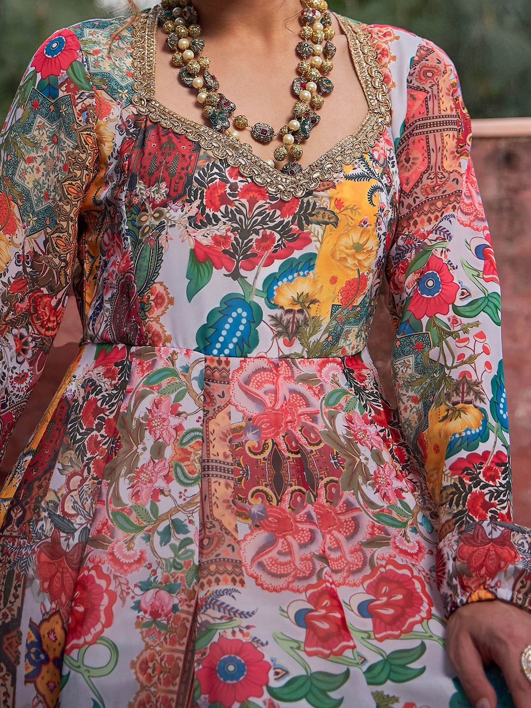 Floral Printed Sweetheart Neck Empire Georgette Anarkali Kurta