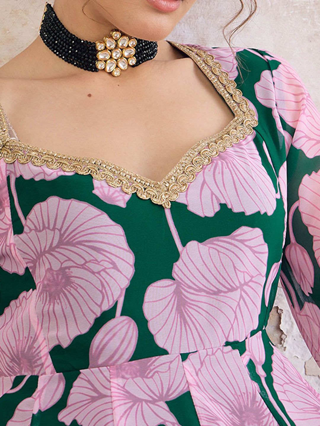 Floral Printed Sweetheart Neck Empire Georgette Anarkali Kurta