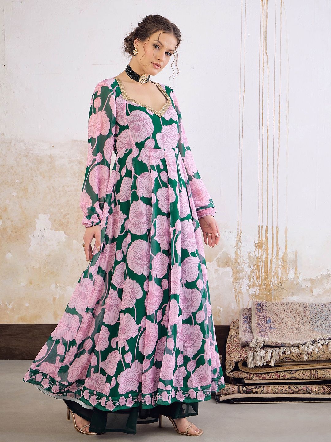Floral Printed Sweetheart Neck Empire Georgette Anarkali Kurta