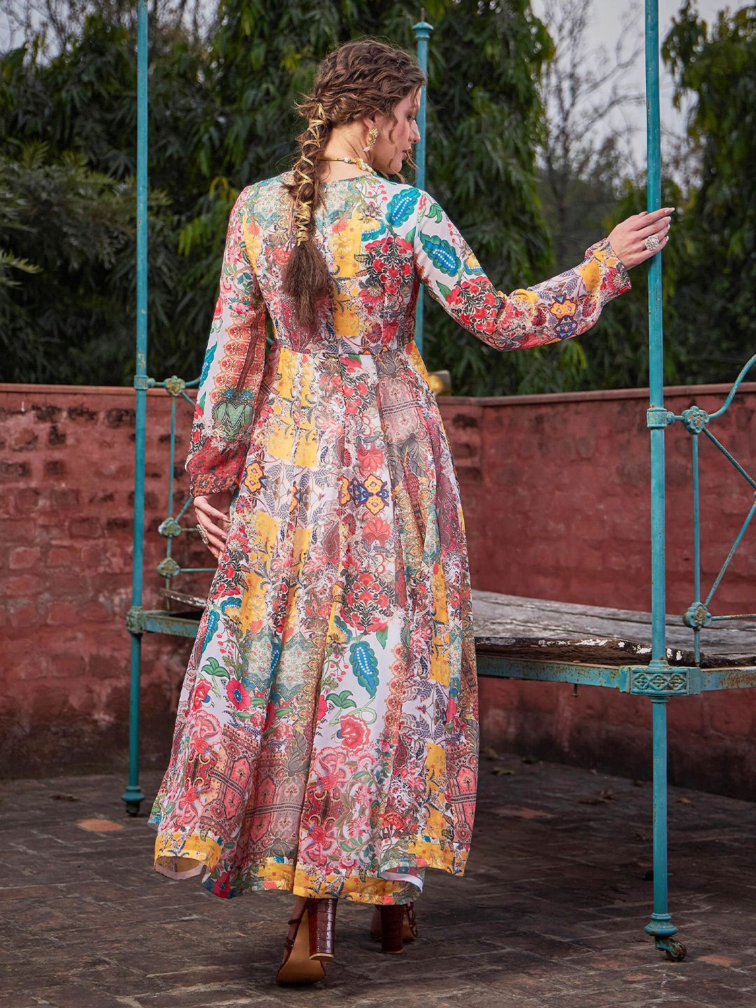 Floral Printed Sweetheart Neck Empire Georgette Anarkali Kurta