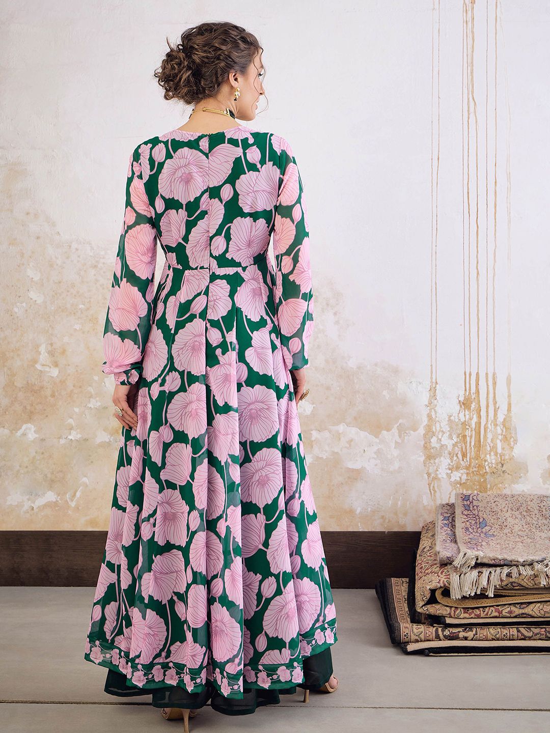 Floral Printed Sweetheart Neck Empire Georgette Anarkali Kurta
