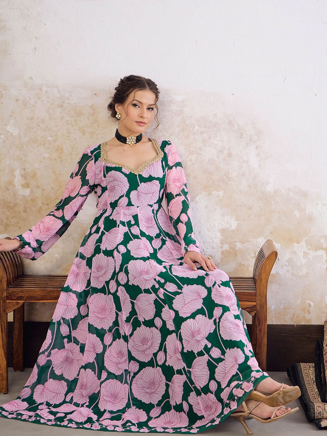 Floral Printed Sweetheart Neck Empire Georgette Anarkali Kurta