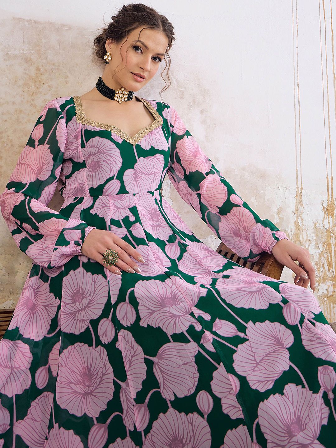 Floral Printed Sweetheart Neck Empire Georgette Anarkali Kurta