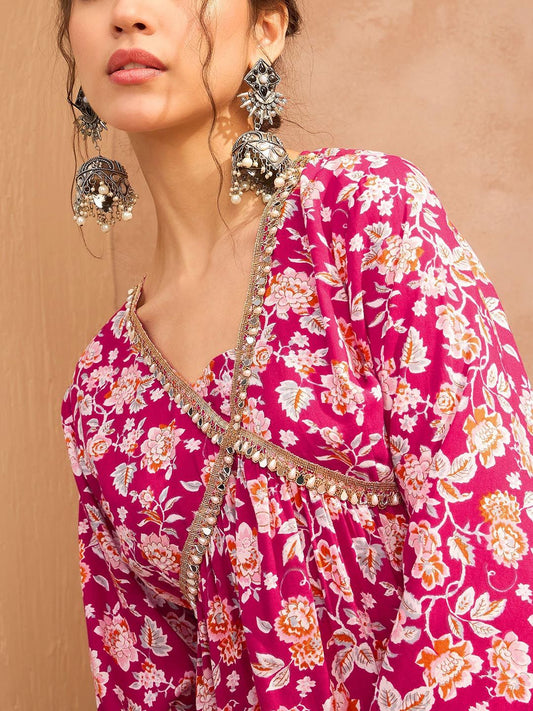 Floral Printed Thread Work Anarkali Kurta with Sharara