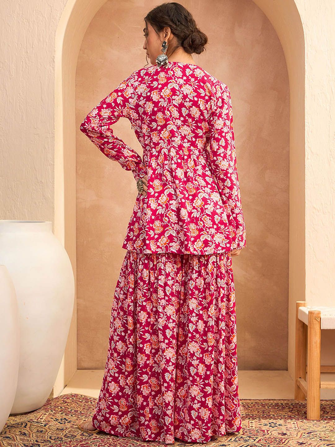 Floral Printed Thread Work Anarkali Kurta with Sharara