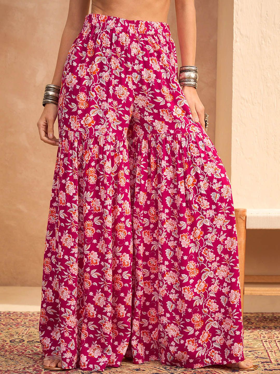 Floral Printed Thread Work Anarkali Kurta with Sharara