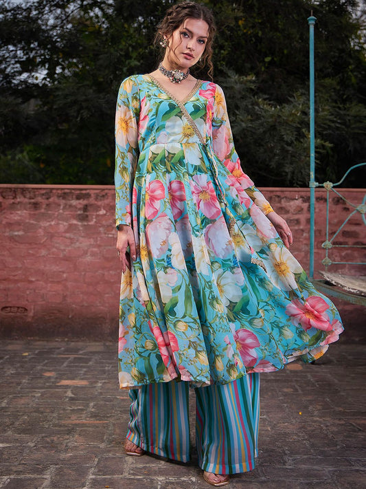 Floral Printed Thread Work Angrakha Georgette Kurta With Palazzos
