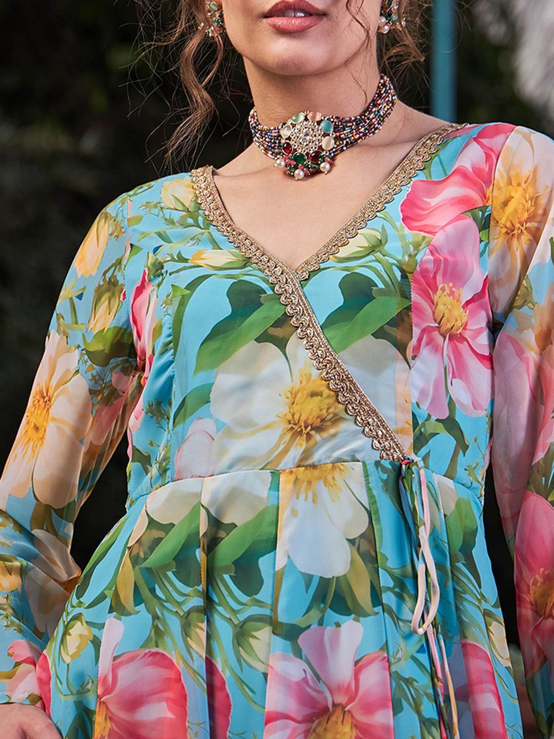 Floral Printed Thread Work Angrakha Georgette Kurta With Palazzos