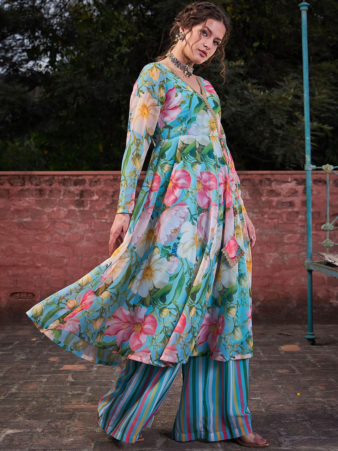 Floral Printed Thread Work Angrakha Georgette Kurta With Palazzos