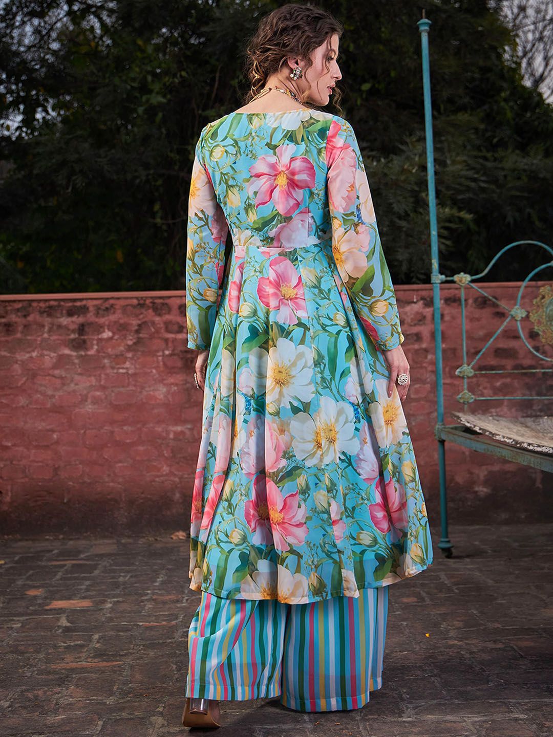 Floral Printed Thread Work Angrakha Georgette Kurta With Palazzos