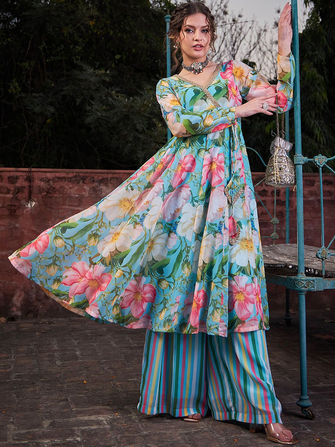 Floral Printed Thread Work Angrakha Georgette Kurta With Palazzos