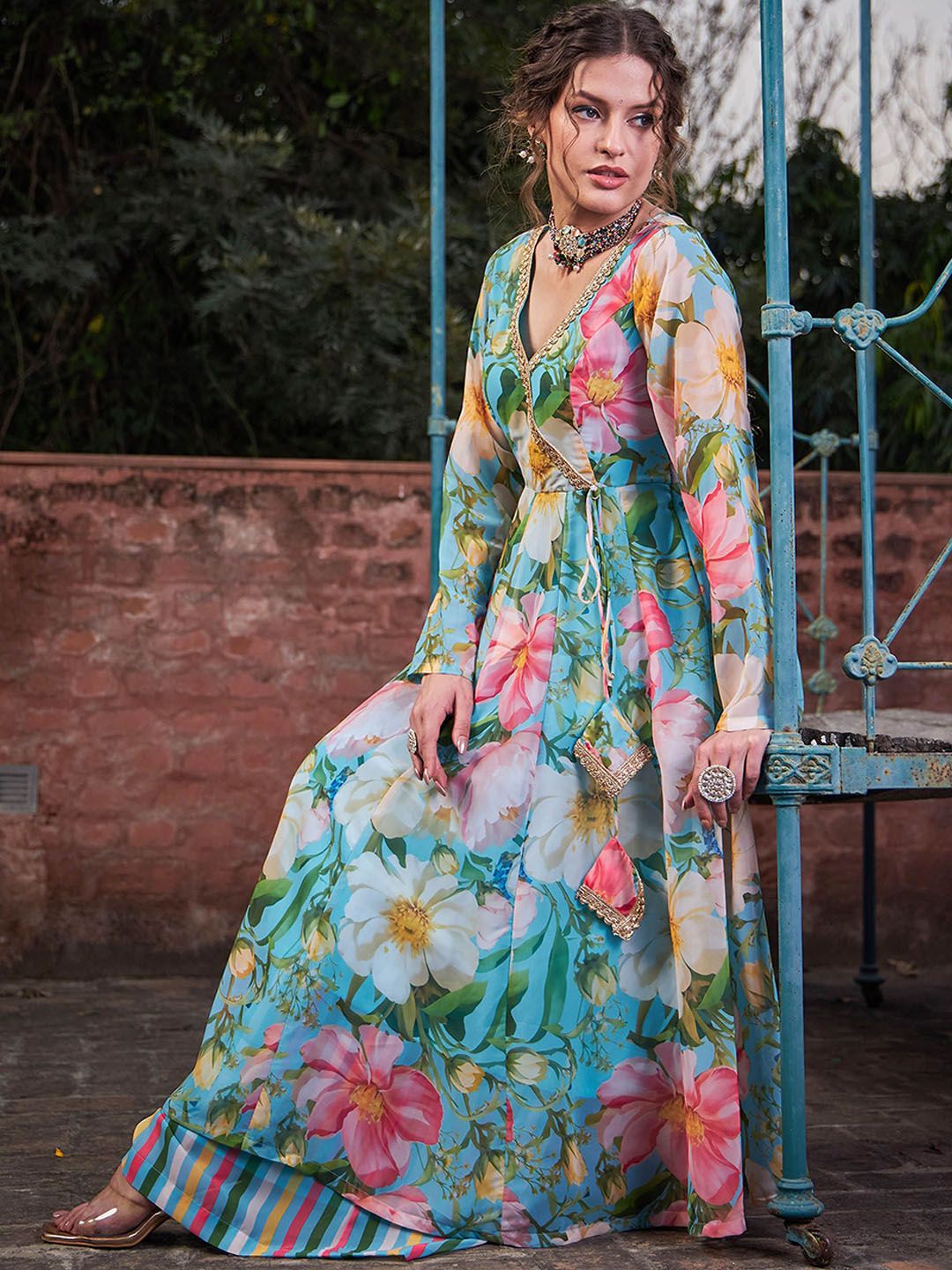 Floral Printed Thread Work Angrakha Georgette Kurta With Palazzos