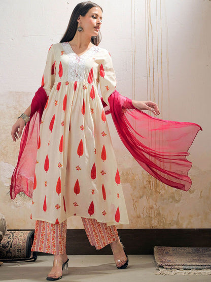 Floral Printed Thread Work Pure Cotton Kurta With Palazzos & Dupatta
