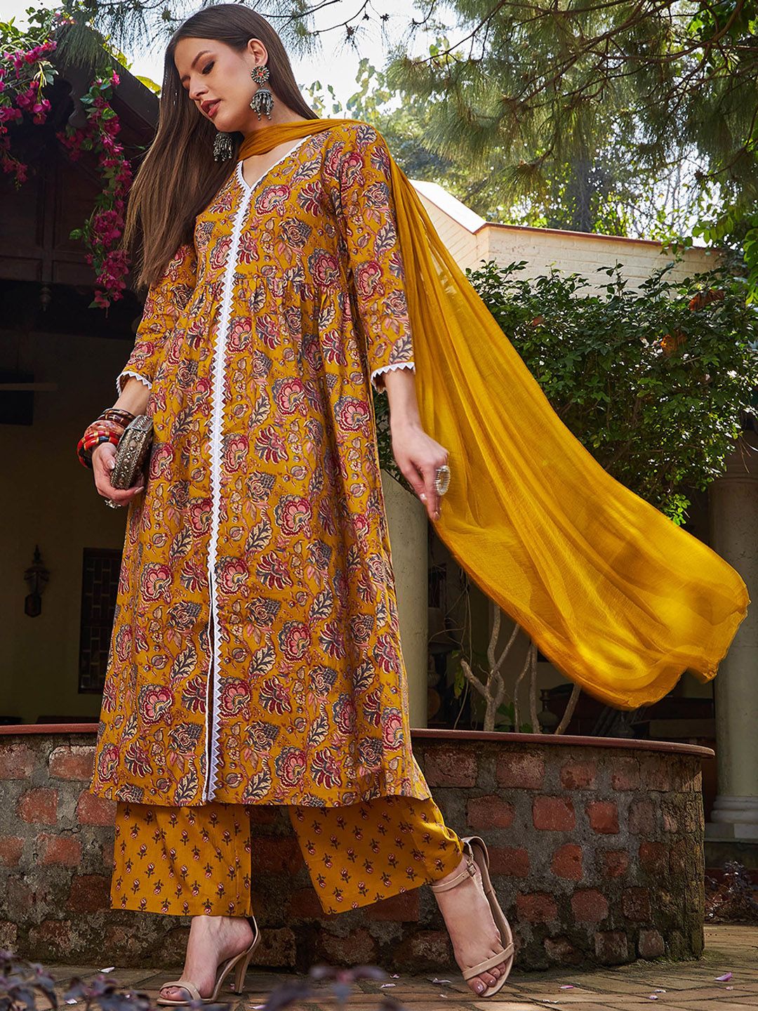 Floral Printed Thread Work Pure Cotton Kurta With Trouser & Dupatta