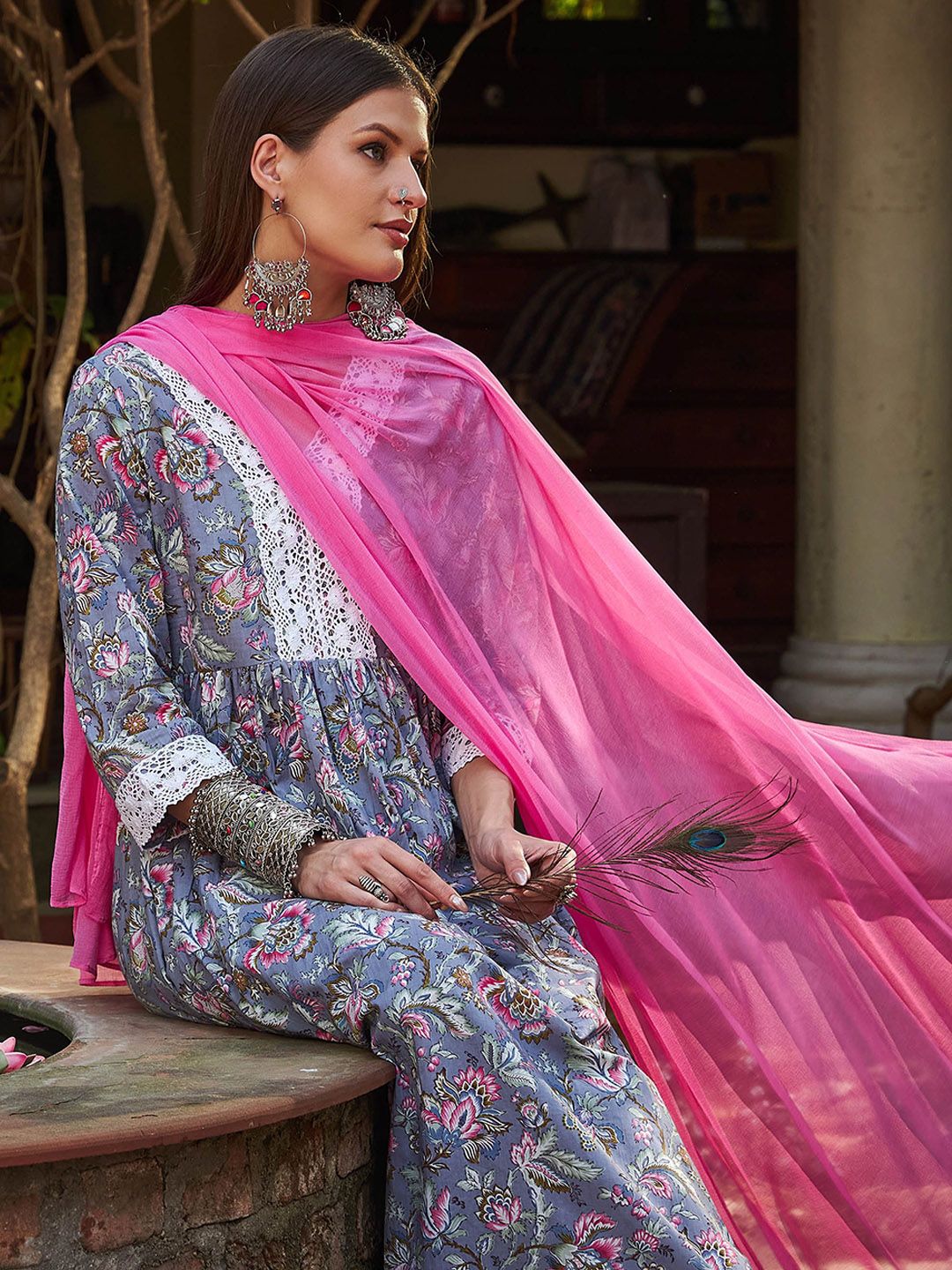 Floral Printed Thread Work Pure Cotton Kurta With Trousers & Dupatta