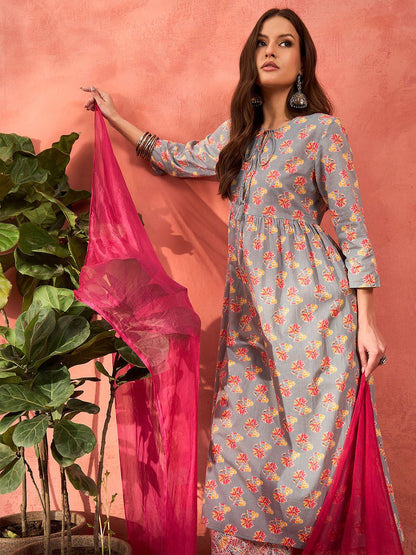 Floral Printed Tie-Up Neck Pure Cotton Kurta With Palazzos & Dupatta