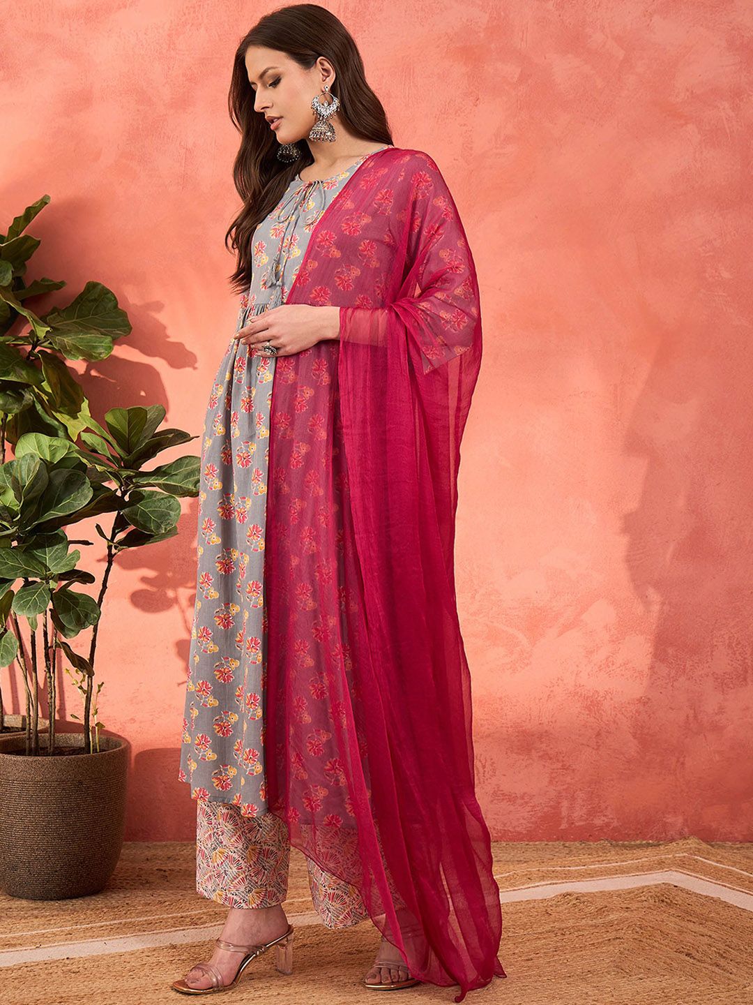 Floral Printed Tie-Up Neck Pure Cotton Kurta With Palazzos & Dupatta
