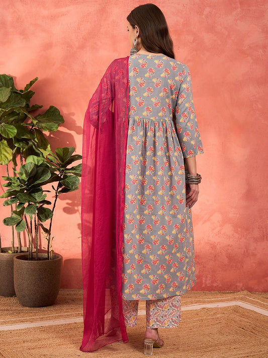 Floral Printed Tie-Up Neck Pure Cotton Kurta With Palazzos & Dupatta