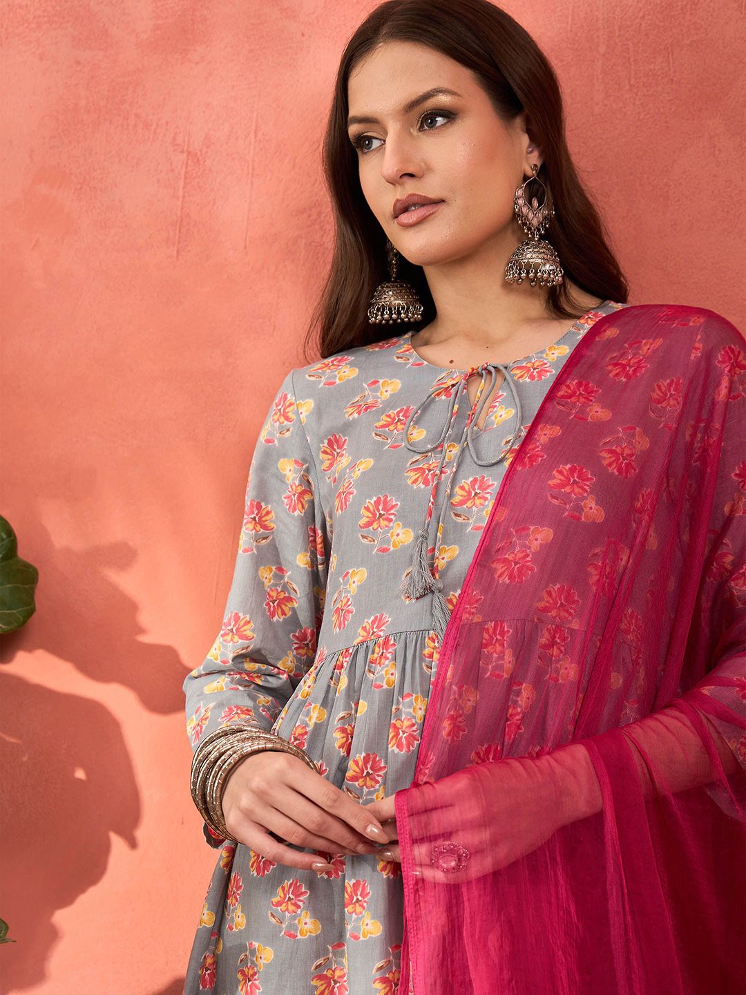 Floral Printed Tie-Up Neck Pure Cotton Kurta With Palazzos & Dupatta