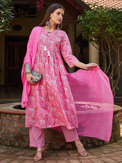 Floral Printed Tie-Up Neck Pure Cotton Kurta With Trousers & Dupatta