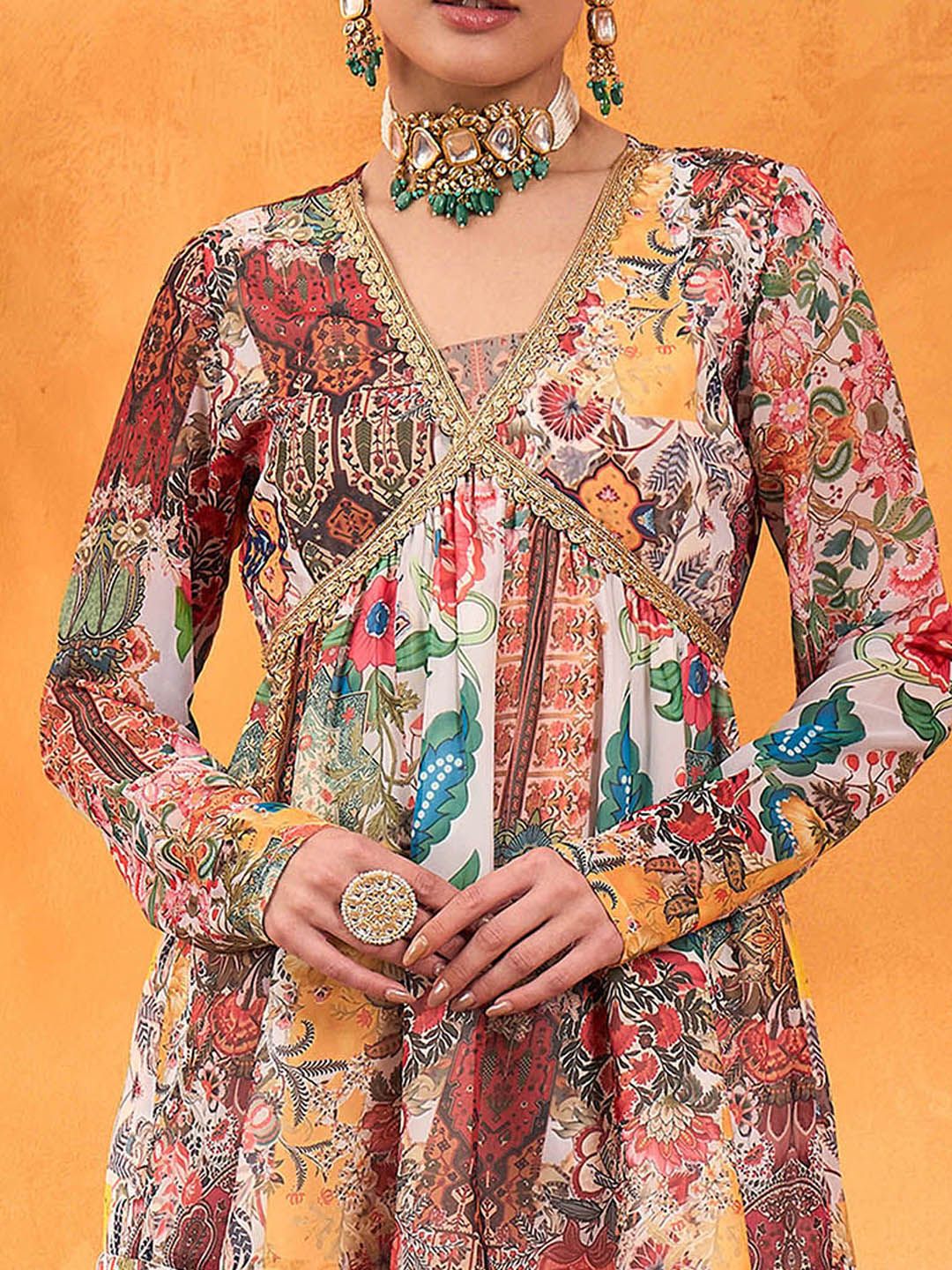 Floral Printed V-Neck Empire A-Line Kurti With Sharara