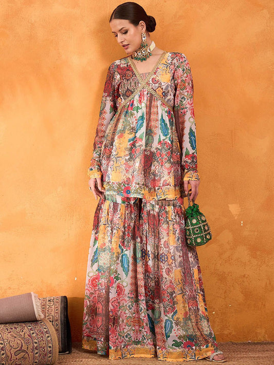 Floral Printed V-Neck Empire A-Line Kurti With Sharara