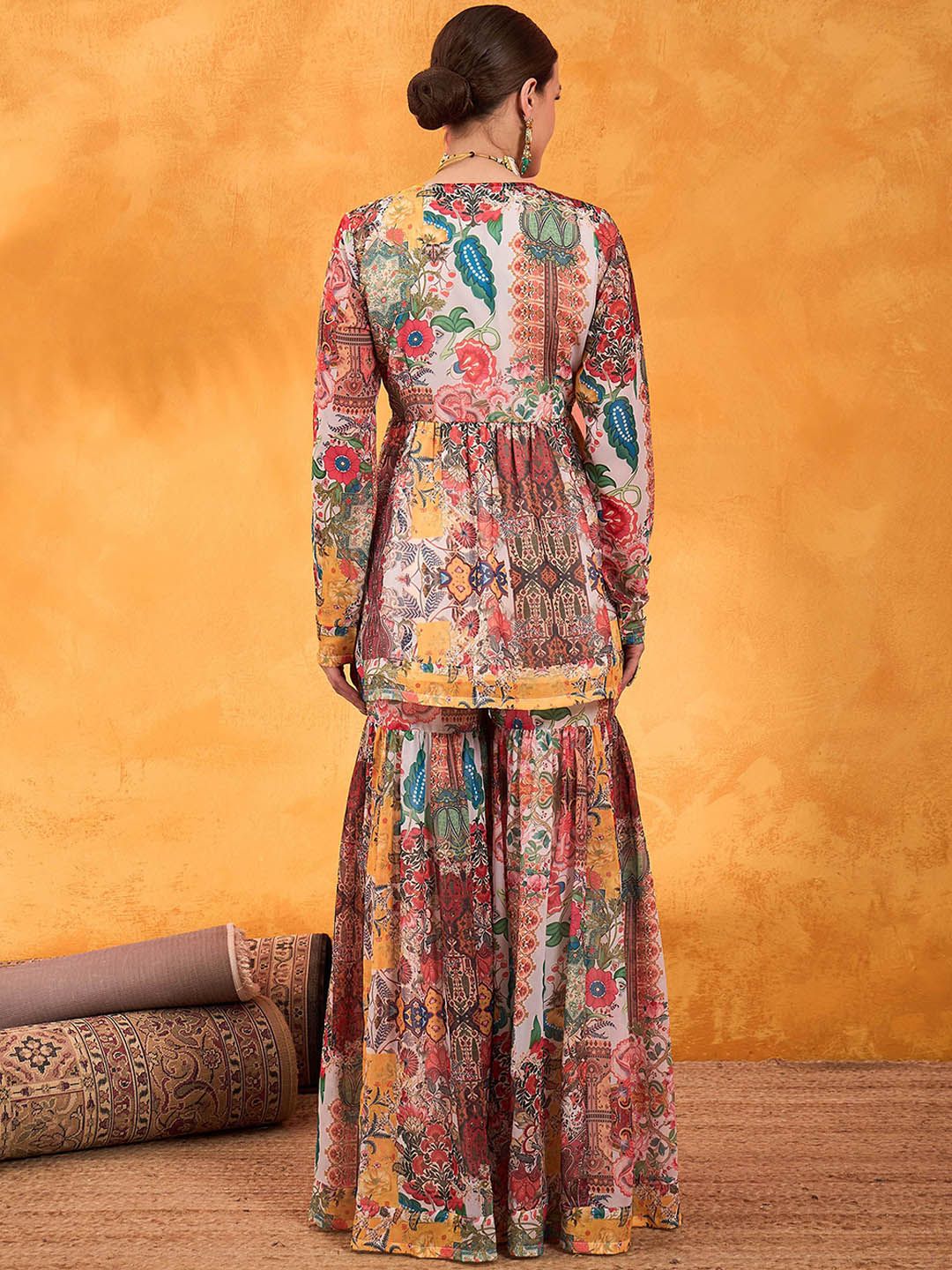 Floral Printed V-Neck Empire A-Line Kurti With Sharara