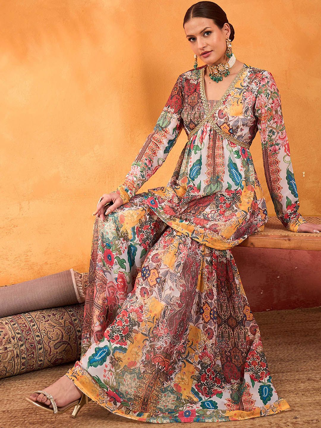 Floral Printed V-Neck Empire A-Line Kurti With Sharara