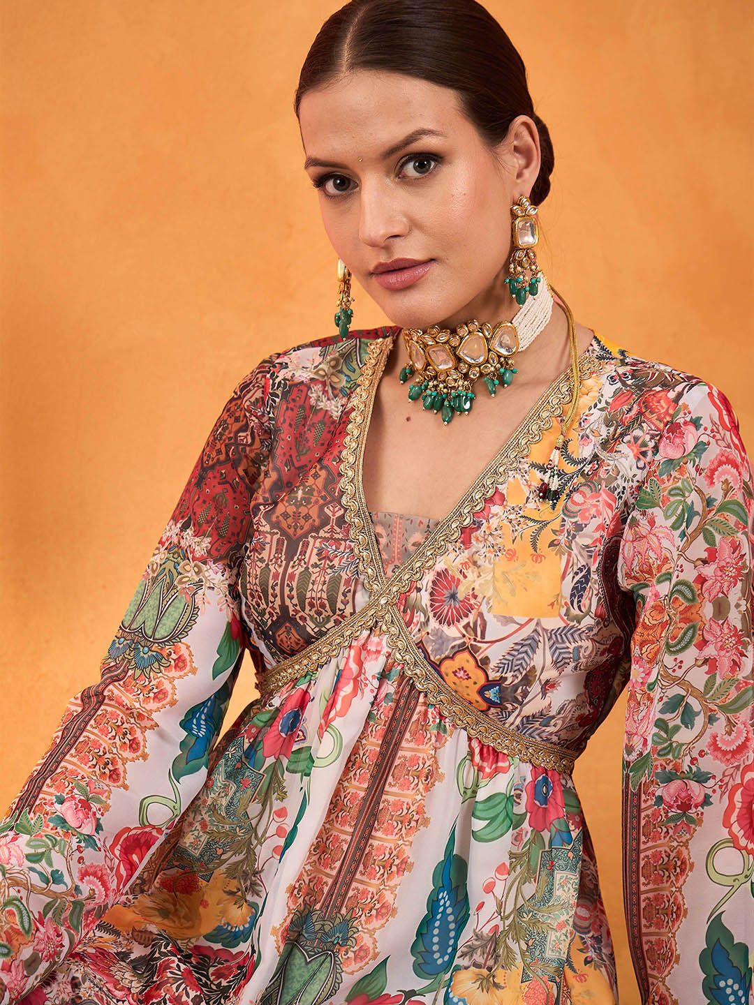 Floral Printed V-Neck Empire A-Line Kurti With Sharara