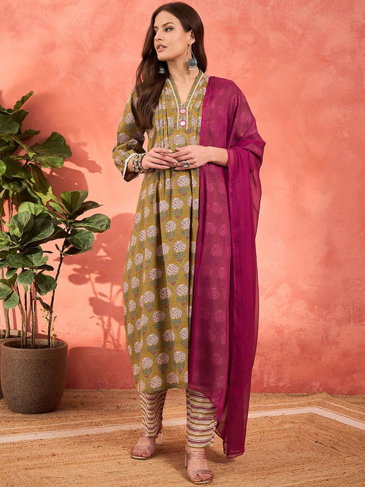 Floral Printed V-Neck Pleated Pure Cotton Kurta With Trousers & Dupatta