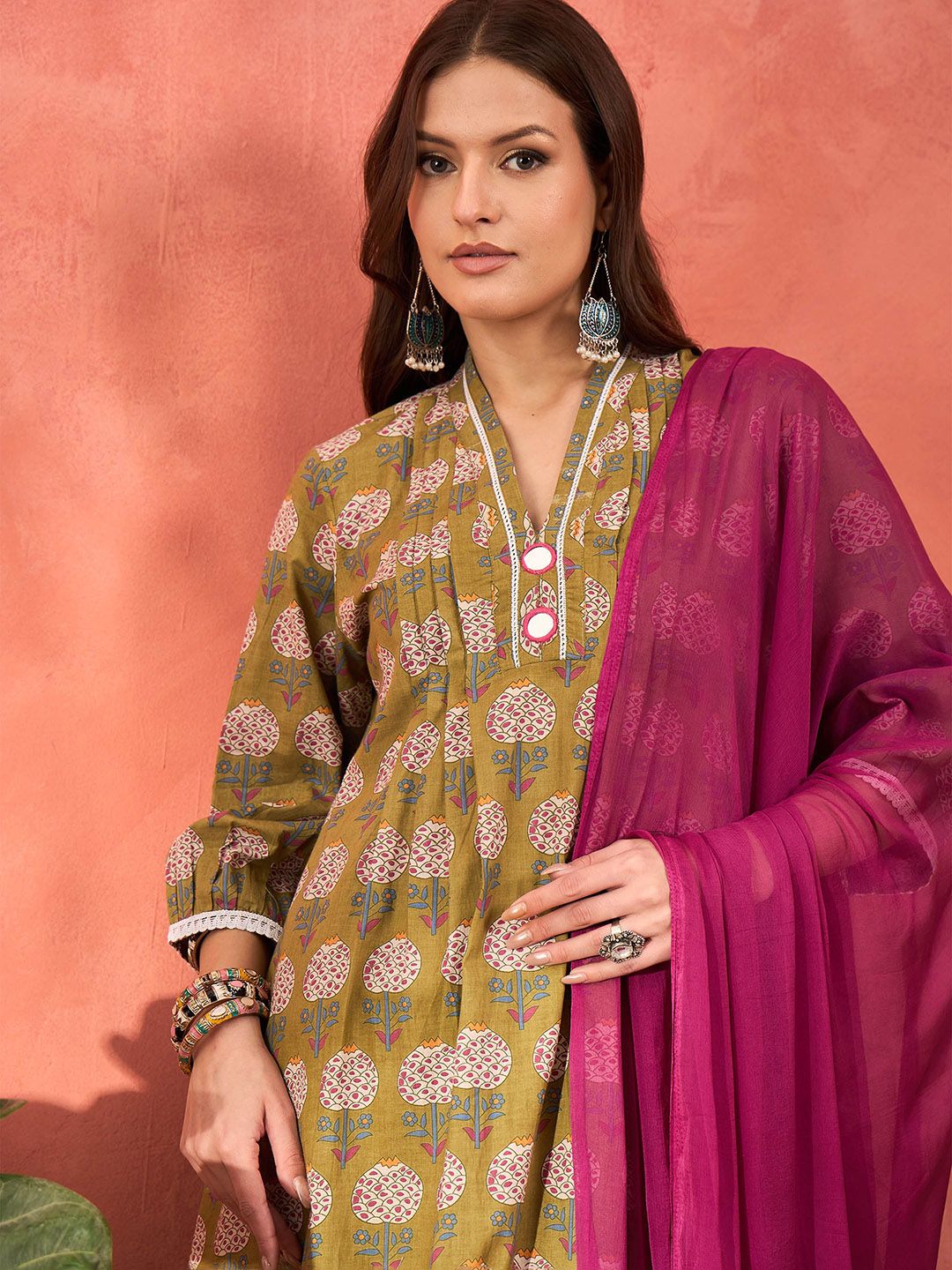Floral Printed V-Neck Pleated Pure Cotton Kurta With Trousers & Dupatta