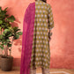 Floral Printed V-Neck Pleated Pure Cotton Kurta With Trousers & Dupatta