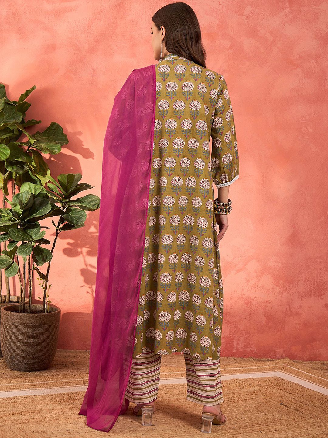 Floral Printed V-Neck Pleated Pure Cotton Kurta With Trousers & Dupatta