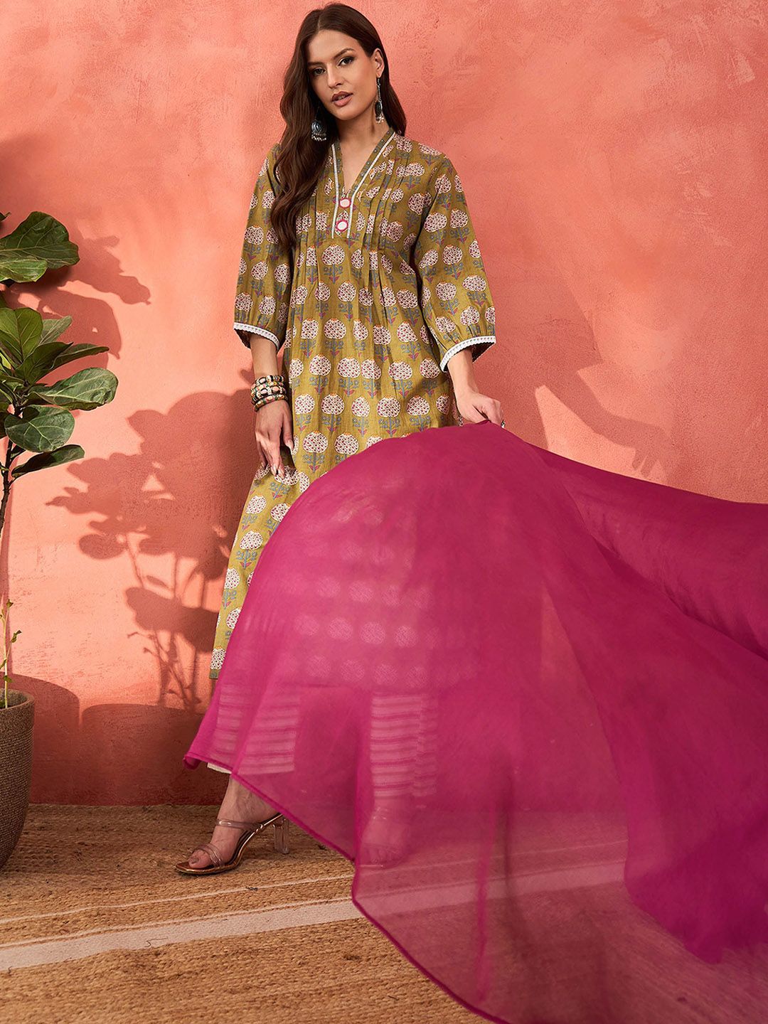 Floral Printed V-Neck Pleated Pure Cotton Kurta With Trousers & Dupatta