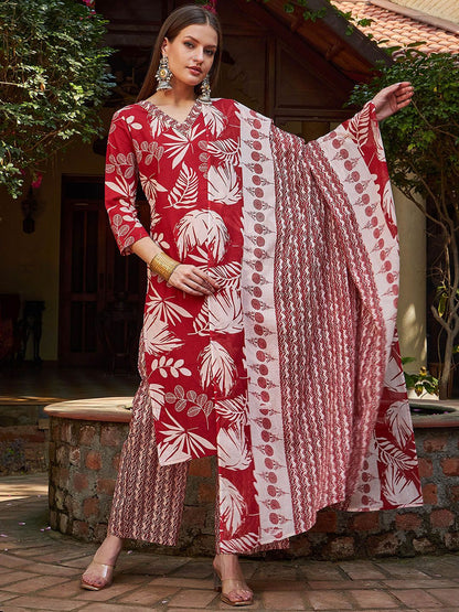 Floral Printed V-Neck Pure Cotton Straight Kurta With Trousers & Dupatta