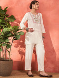 Floral Yoke Design Thread Work Notch Neck Short Kurti With Trousers