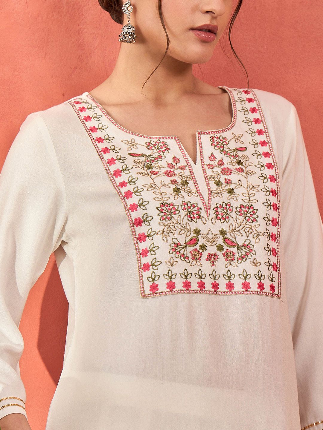 Floral Yoke Design Thread Work Notch Neck Short Kurti With Trousers