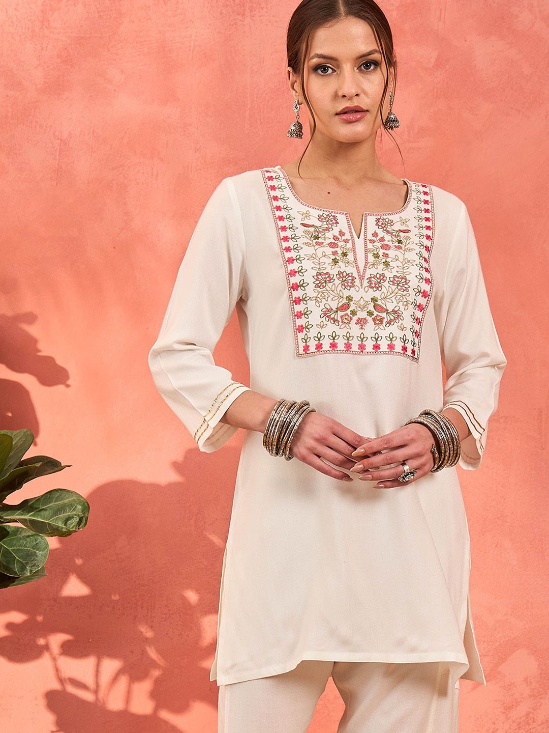 Floral Yoke Design Thread Work Notch Neck Short Kurti With Trousers