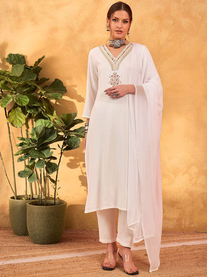 Floral Yoke Design V-Neck Straight Kurta With Trousers & Dupatta