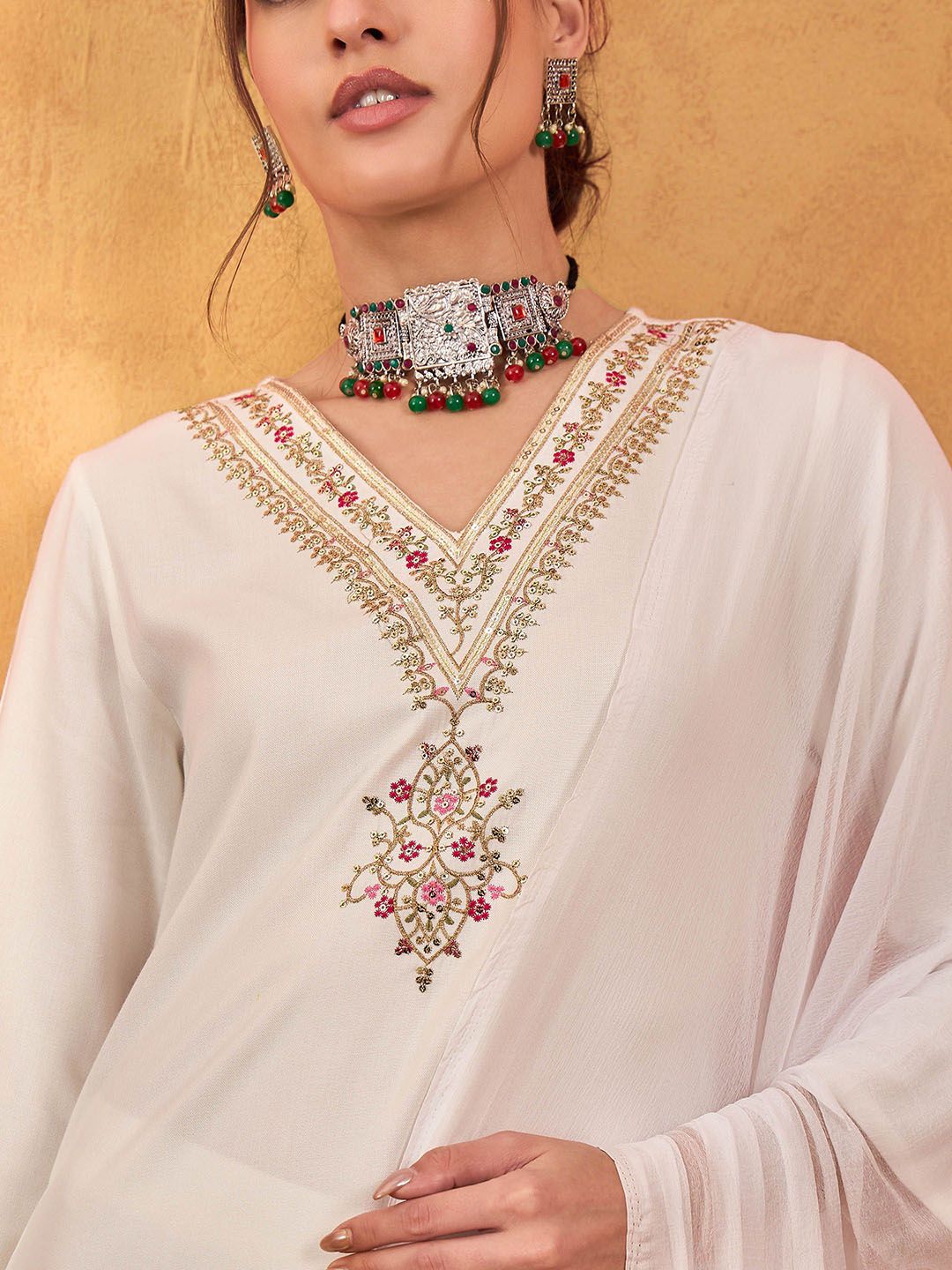Floral Yoke Design V-Neck Straight Kurta With Trousers & Dupatta