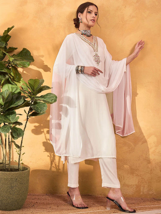 Floral Yoke Design V-Neck Straight Kurta With Trousers & Dupatta
