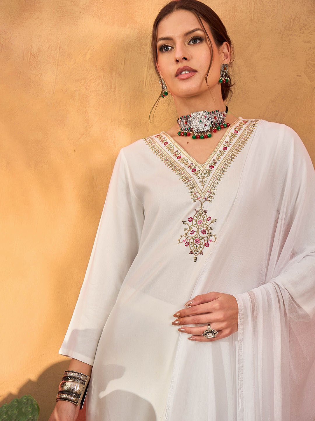 Floral Yoke Design V-Neck Straight Kurta With Trousers & Dupatta