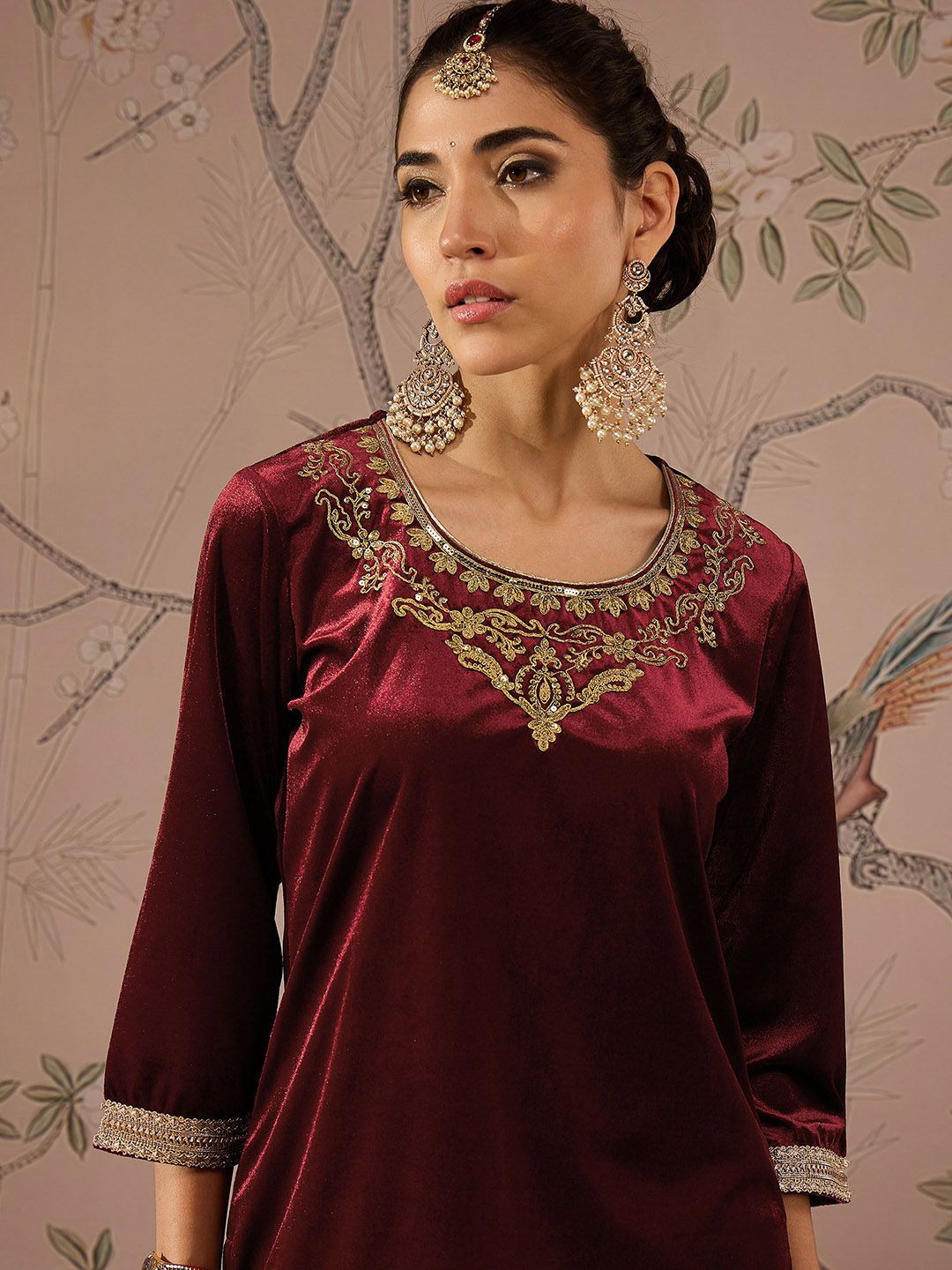 Floral Yoke Design Velvet Kurti with Trouser