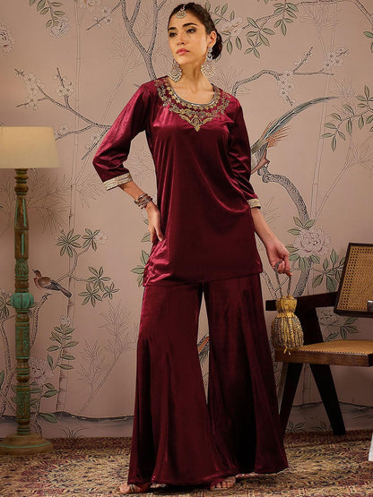 Floral Yoke Design Velvet Kurti with Trouser