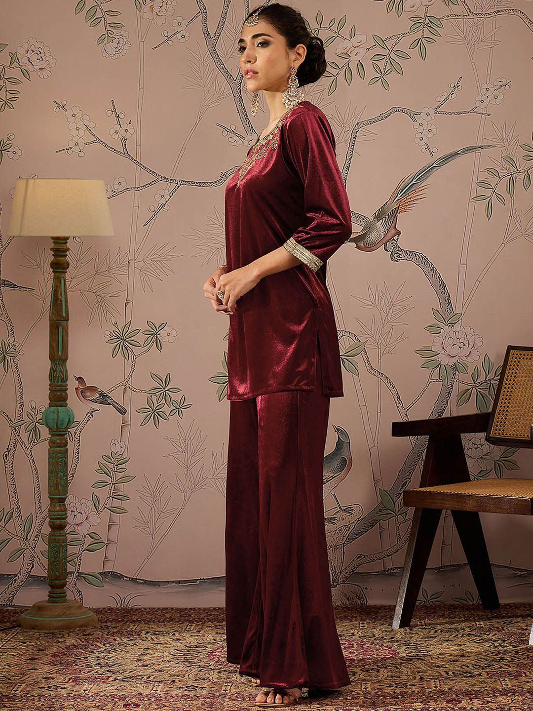 Floral Yoke Design Velvet Kurti with Trouser