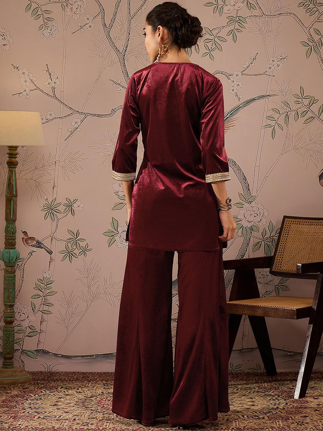 Floral Yoke Design Velvet Kurti with Trouser